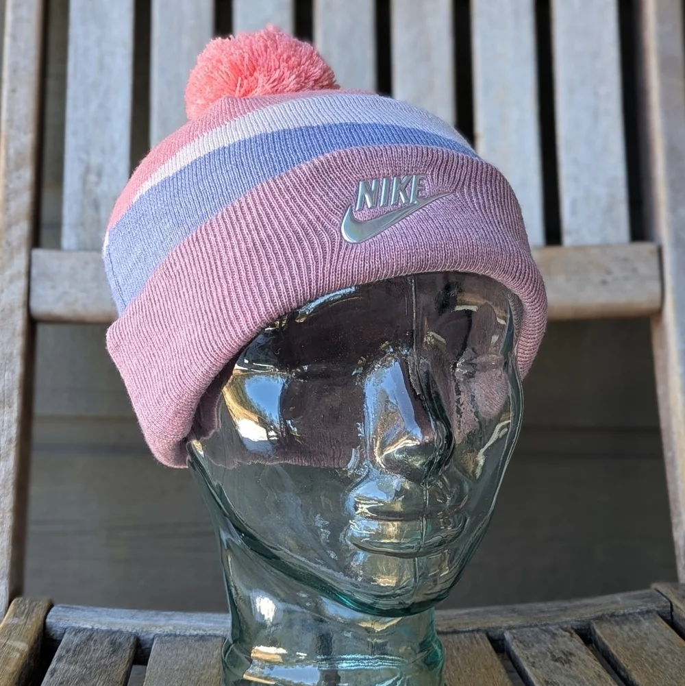 Nike Kids Pink Lavender Coral Silver Swoosh Pom Pom Beanie Youth One Size